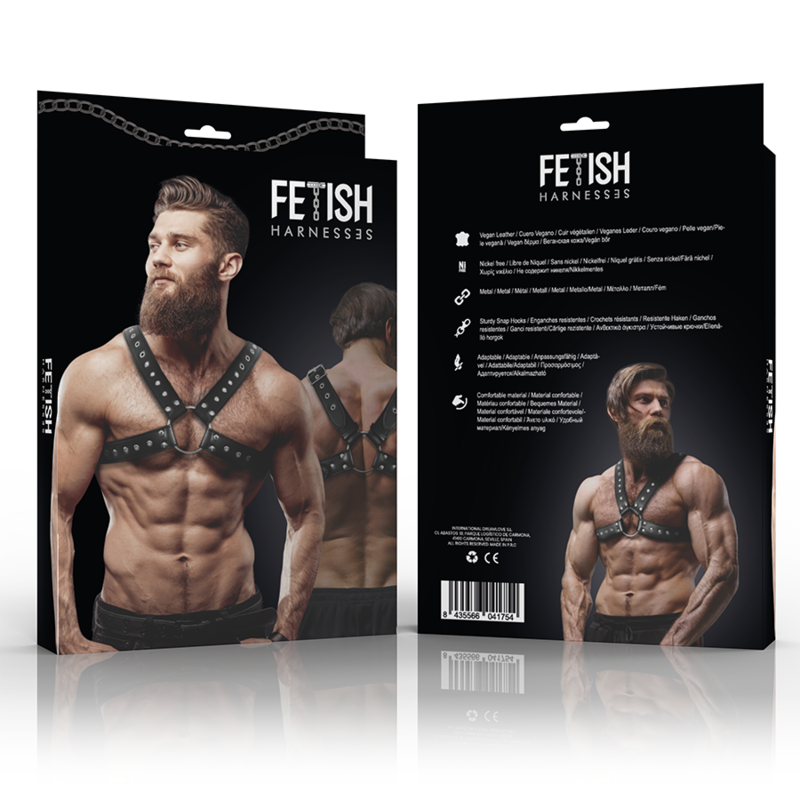 FETISH SUBMISSIVE ATTITUDE - MENS CROSS-OVER ECO-LEATHER CHEST HARNESS WITH STUDS
