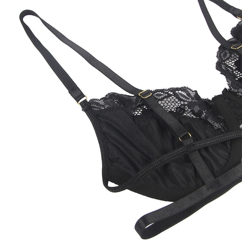 SUBBLIME - SET OF 3 PIECES BRA + THONG + LACE GARTER BLACK L/XL