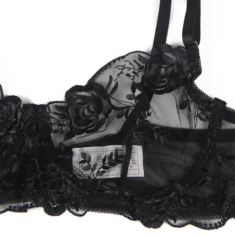SUBBLIME - SET OF 3 PIECES BRA + THONG + GARTER FLORAL PRINT BLACK L/XL