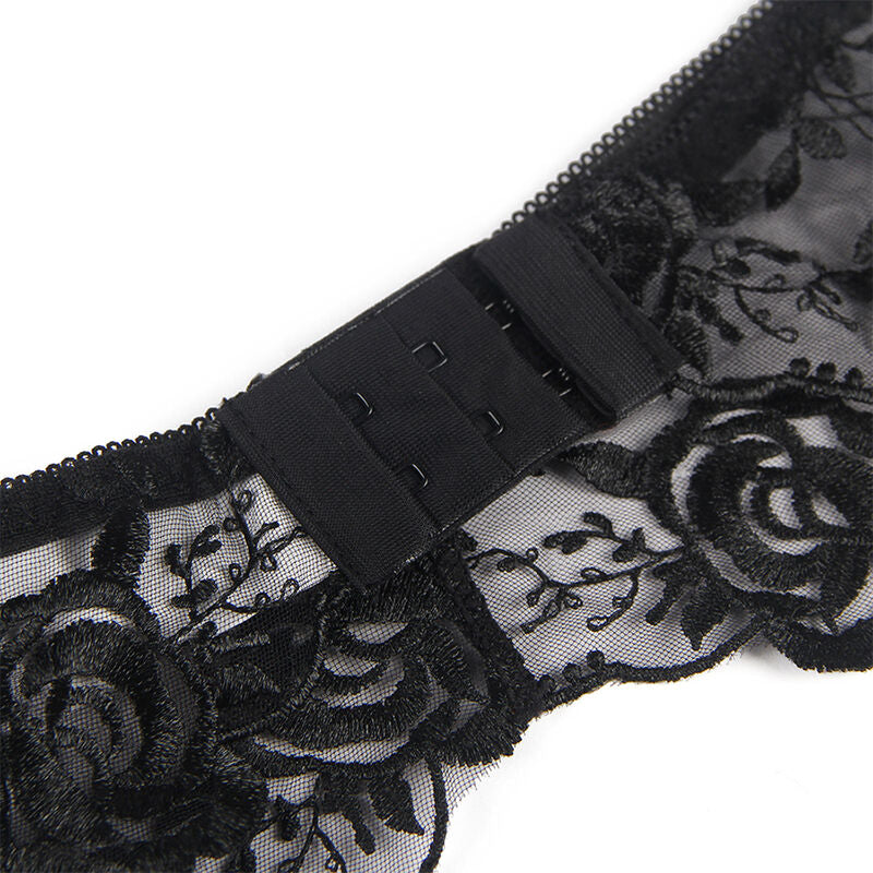 SUBBLIME - SET OF 3 PIECES BRA + THONG + GARTER FLORAL PRINT BLACK L/XL