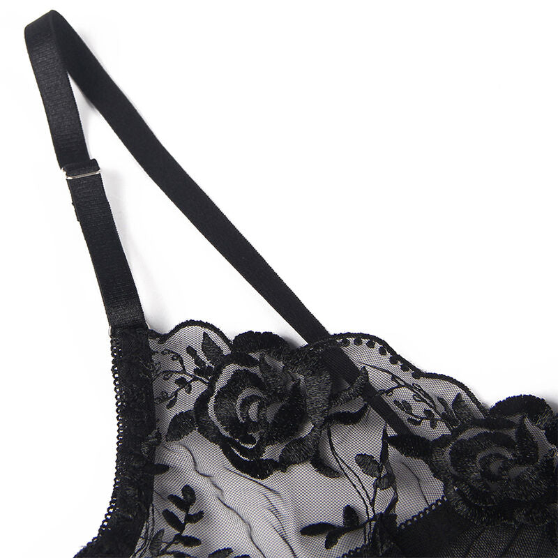 SUBBLIME - SET OF 3 PIECES BRA + THONG + GARTER FLORAL PRINT BLACK L/XL