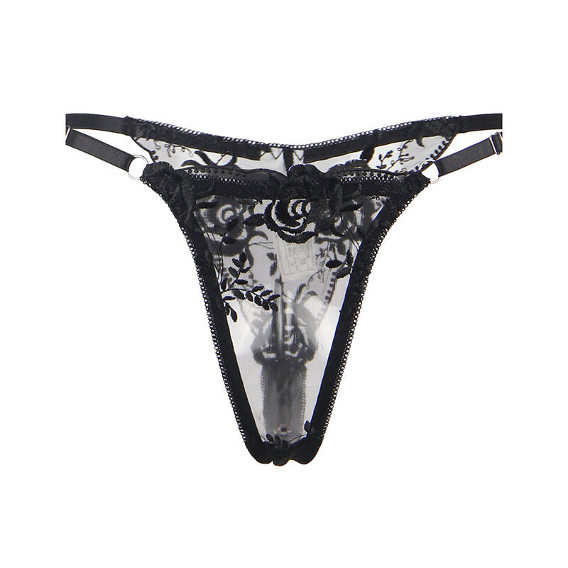 SUBBLIME - SET OF 3 PIECES BRA + THONG + GARTER FLORAL PRINT BLACK L/XL