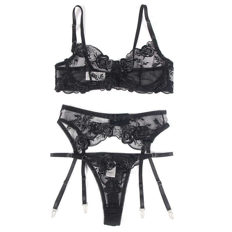 SUBBLIME - SET OF 3 PIECES BRA + THONG + GARTER FLORAL PRINT BLACK L/XL