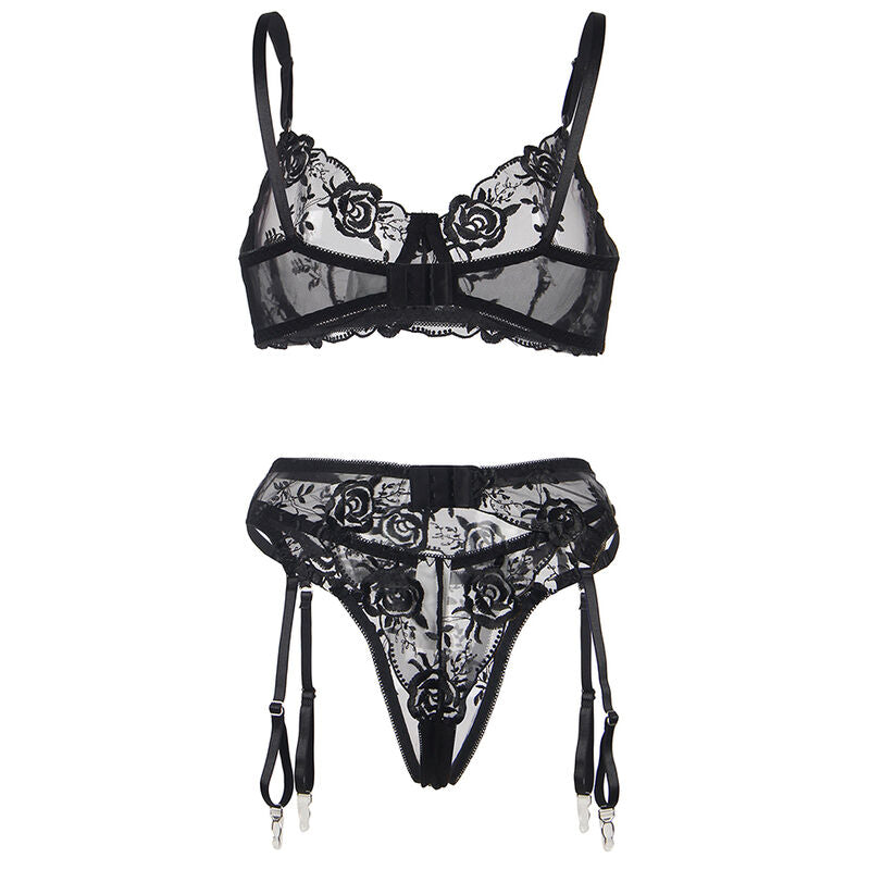 SUBBLIME - SET OF 3 PIECES BRA + THONG + GARTER FLORAL PRINT BLACK L/XL