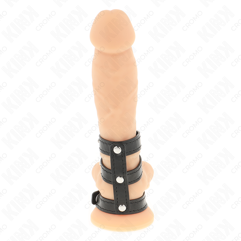 Cock Ring Triplo in Pelle Nera con Chiusura a Bottoni | KINK