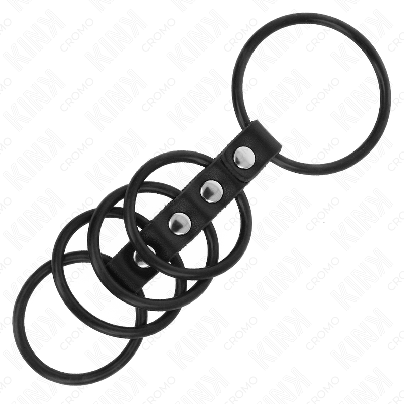 5 × silicone cock rings 3.8–4.8 cm | leather-linked | KINK