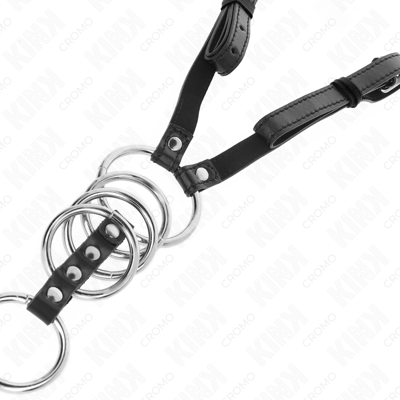Five-Ring Metal Cock Harness, 112 cm Leather Belt (Ø 3.8 – 5 cm) | KINK