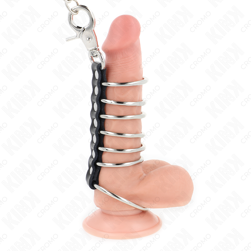 7-Ring Metal Cock Harness • 100 cm Leather & Chain Leash (Ø 3.8 – 5 cm) | KINK