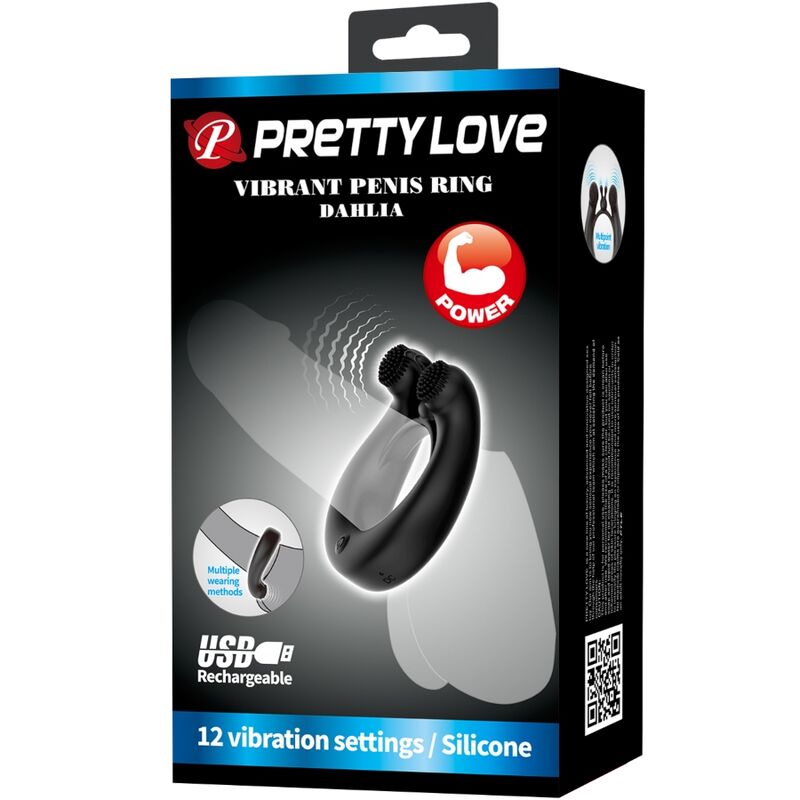 PRETTY LOVE - DAHLIA VIBRATING RING + CLITORIS STIMULATOR 12 VIBRATIONS BLACK