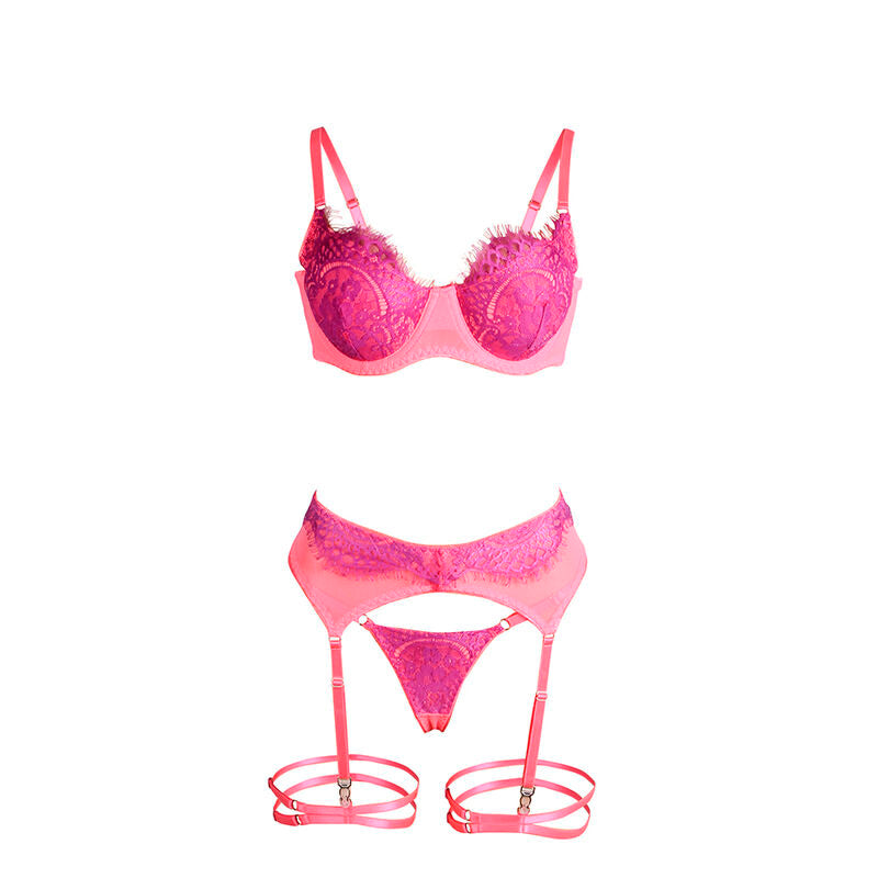 SUBBLIME - 955366 BRA SET WITH LACE AND GARTER LINES PINK AND PURPLE L/XL