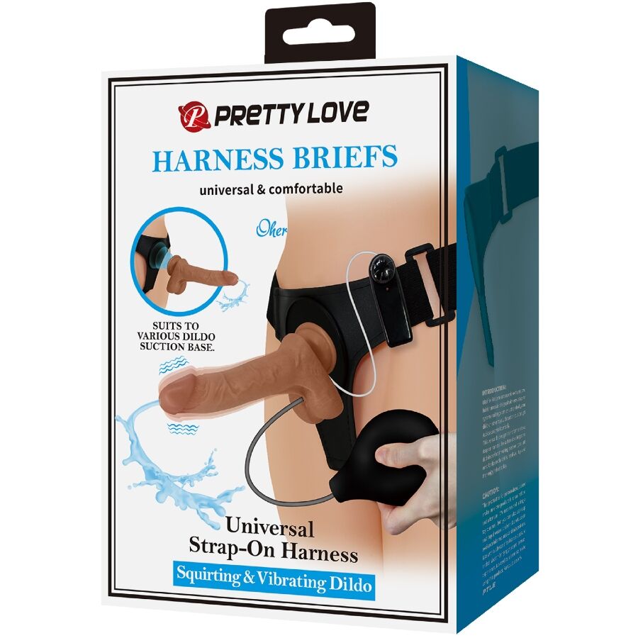 PRETTY LOVE - UNIVERSAL HARNESS BRIEFS WITH VIBRATING AND SQUIRTING DILDO 15.5 CM MULATO