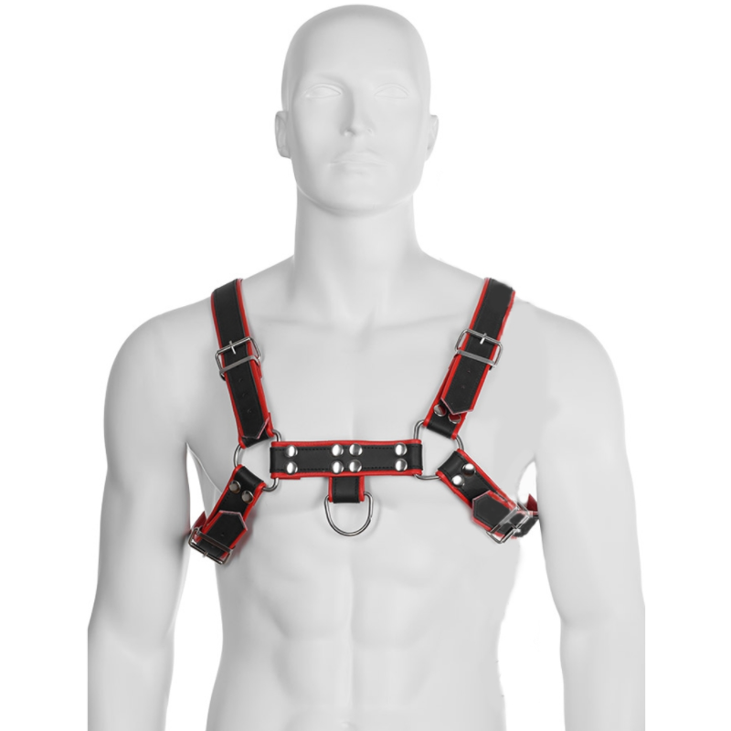 Chain leather chest harness, black/red | LEATHER BODY